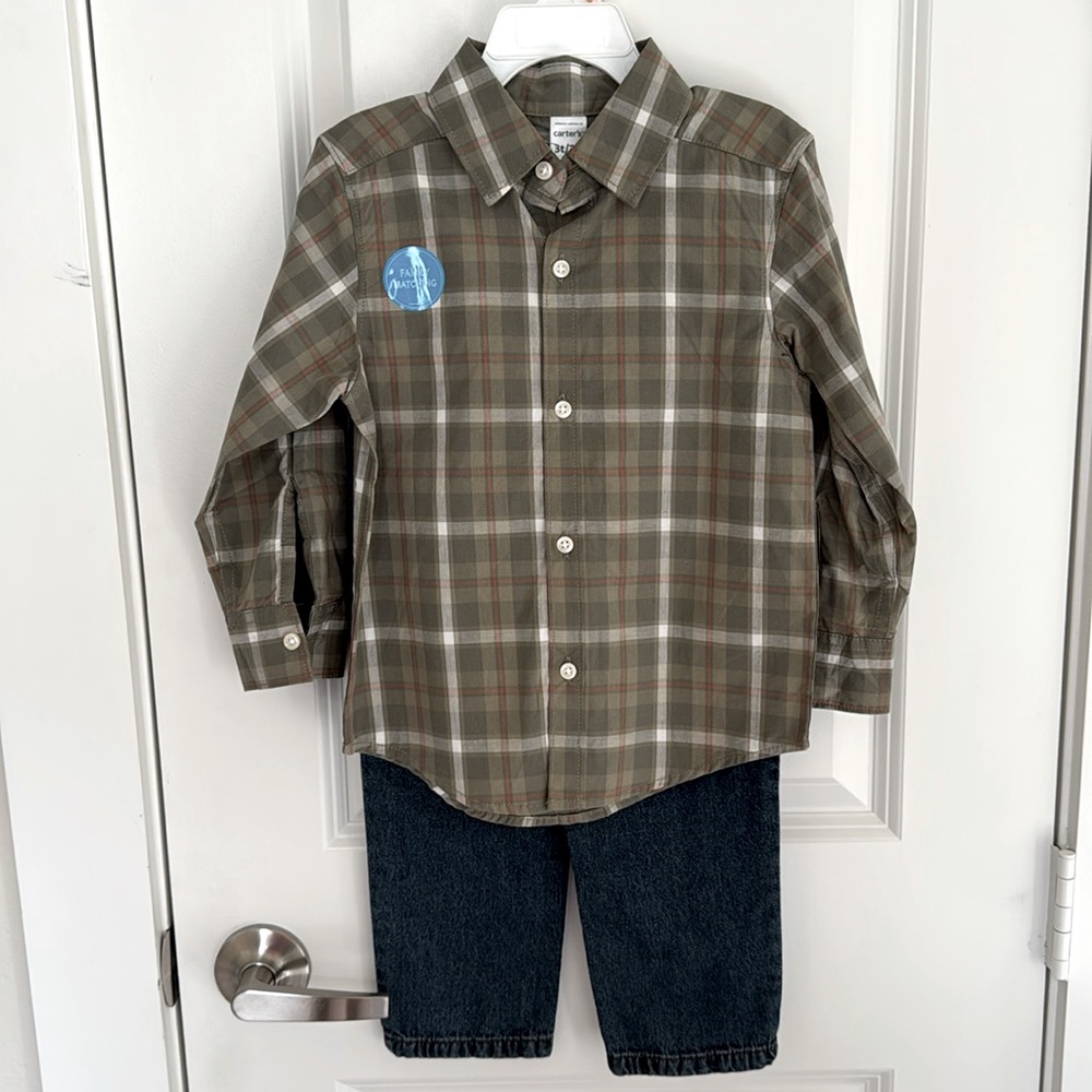 Carter’s Light Green Plaid Button Up Long Sleeve and Blue Jean Pants